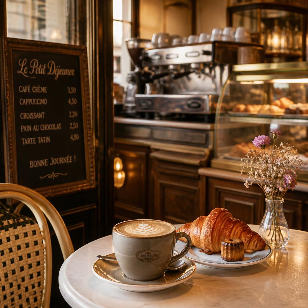 Cappuccino avec un croissant au comptoir du café de la pâtisserie