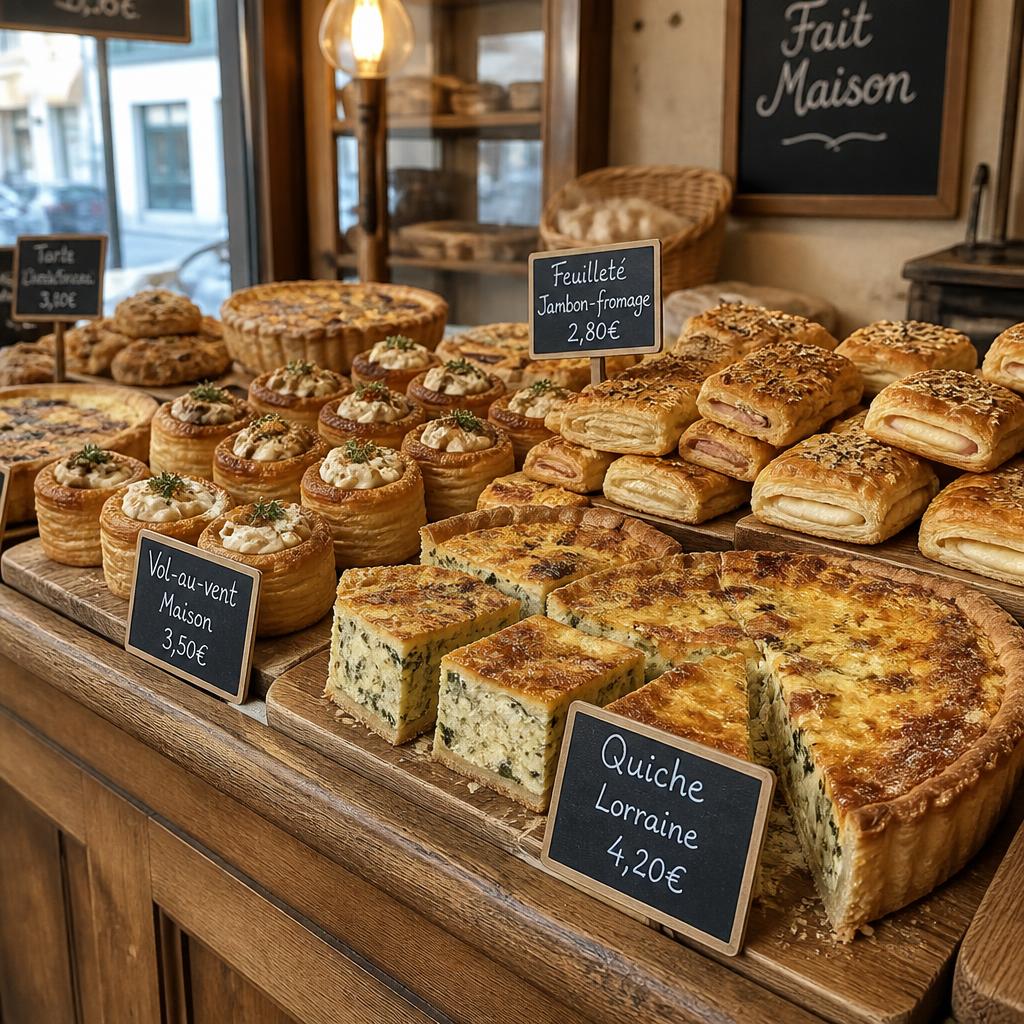 Quiches et bouchées salées feuilletées sur un comptoir de boulangerie